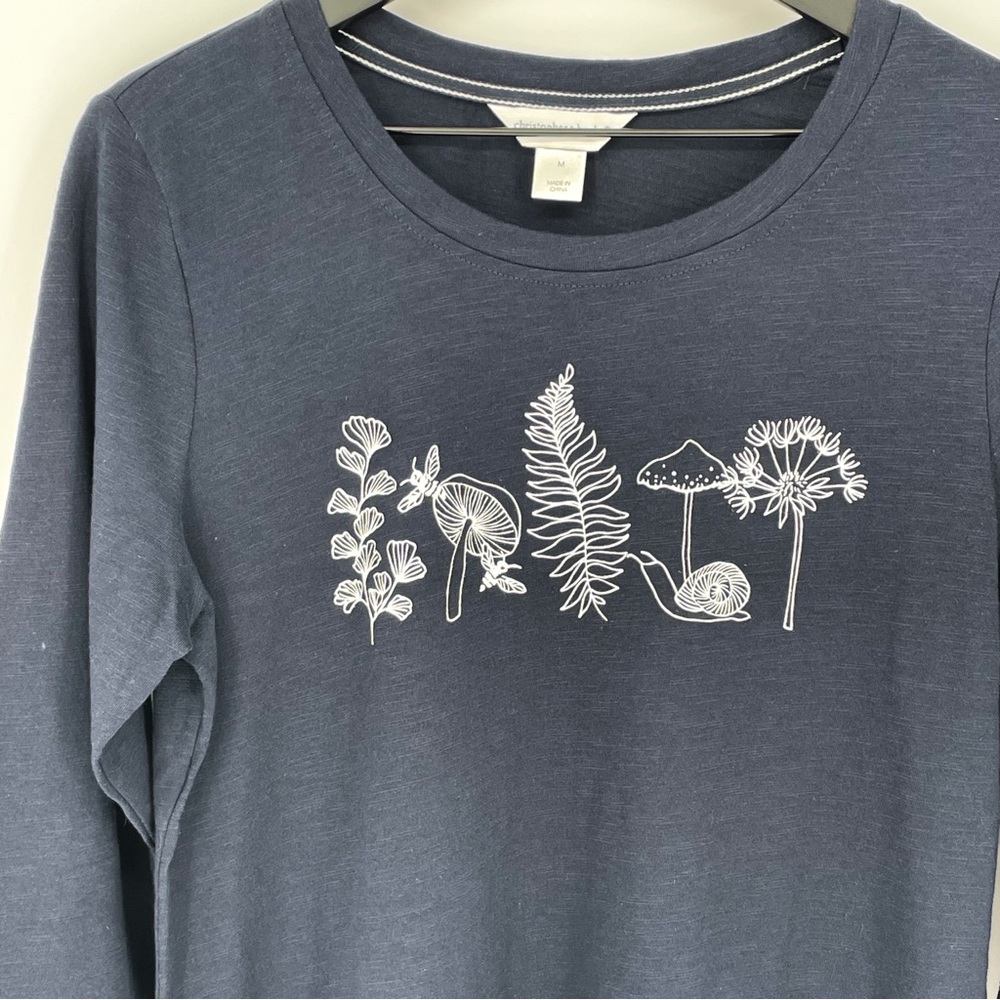 Christopher & Banks Mushroom Botanical 3/4 Sleeve Top Blue Medium - Picture 2 of 6